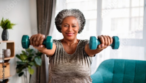 An African American senior woman working out at home, confidently lifting her dumbbells, promoting strength and wellness in a comfortable setting.