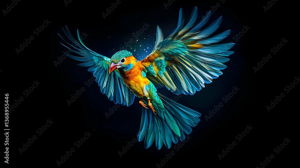 Fototapeta premium Colorful Pixelated Bird in Flight Against Black Background
