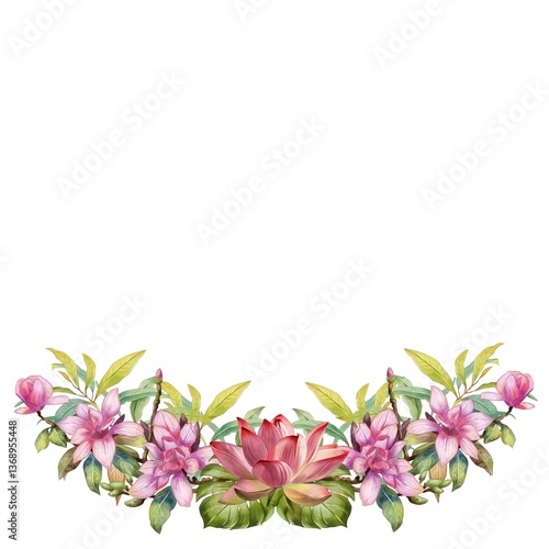 Watercolor floral composition with tropical plants for background, wedding, fabric, textile, greeting, card, wallpaper, banner, sticker, decoration, etc.