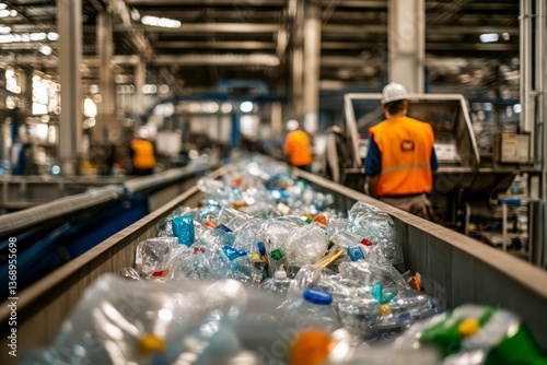 Workers manage recyclable plastic waste in a large processing facility during daytime operations in an industrial setting