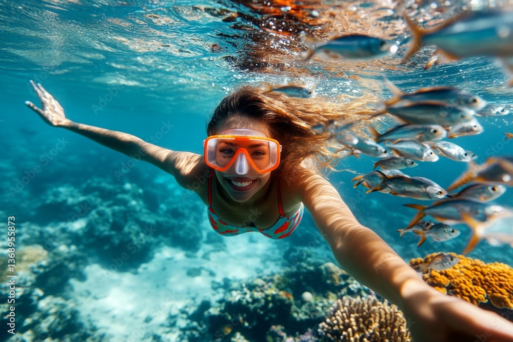 Naklejka premium A pretty and sexy happy black young woman with short hair in a swimming mask and fins snorkeling among the corals. Bright commercial style image. Many tropical fish swim next to her.