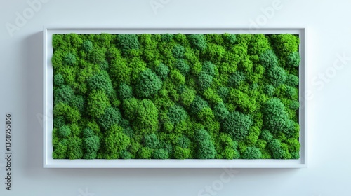 Texture of green moss on the wall in the form of a picture, with a beautiful white frame