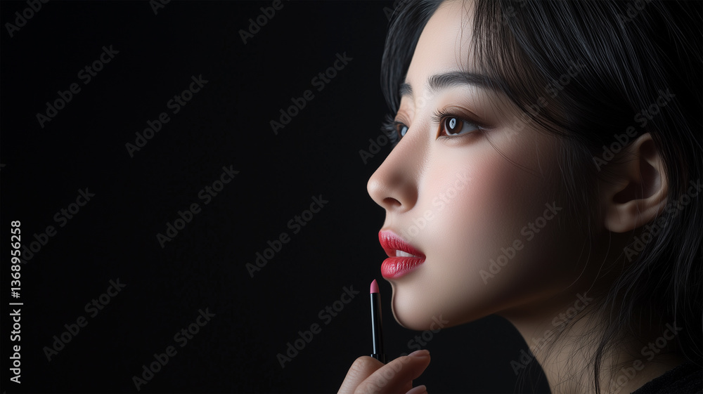 Obraz premium 口紅を塗る横顔を捉えた日本人女性の美容ポートレート