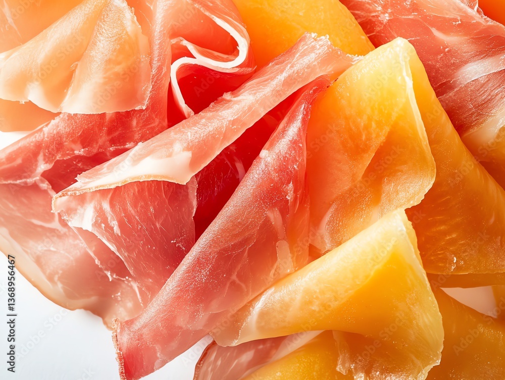 Delicious Prosciutto and Melon Slices Close Up for Appetizer or Snack Delicious Prosciutto and Melon Slices Close Up for Appetizer or Snack