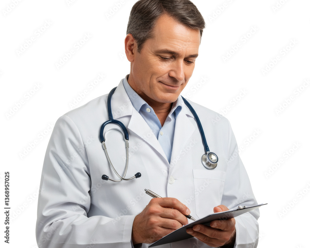 Doctor in White Coat with Stethoscope and Pen on White Background Doctor in White Coat with Stethoscope and Pen on White Background