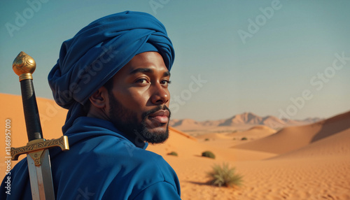 Tuareg man gazing in desert dunes, cultural heritage showcase