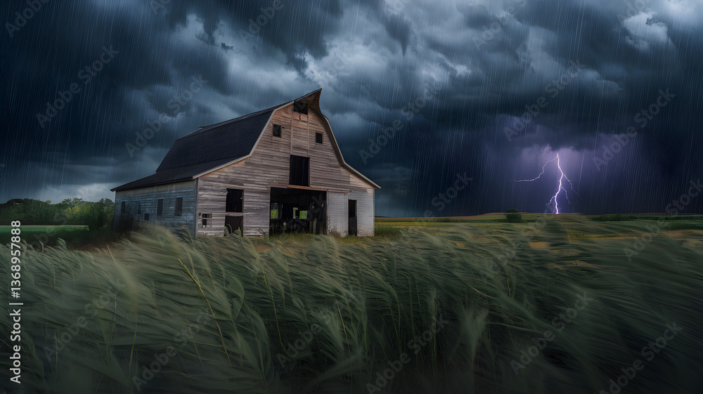 Fototapeta premium Stormy landscape featuring an old barn amidst tall grass, with dark clouds and lightning striking in the background