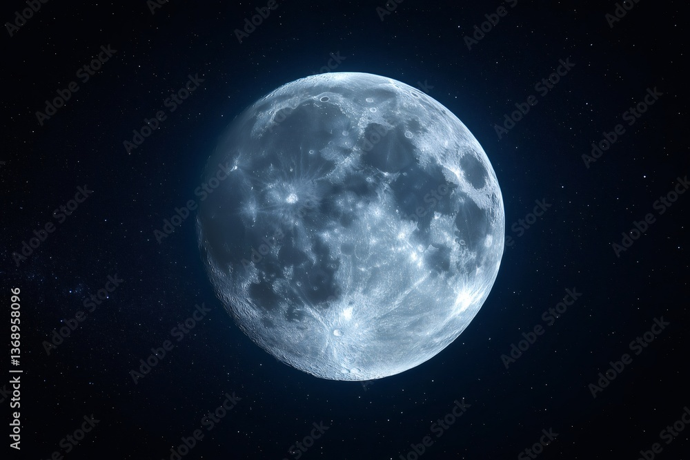 Close up of the full moon with visible craters, radiating a bright, ethereal glow against the backdrop of a dark, star studded night sky Close up of the full moon with visible craters, radiating a bright, ethereal glow against the backdrop of a dark, star studded night sky