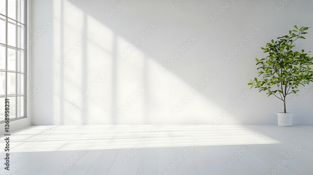 Fototapeta premium Bright Minimalist Interior With Large Windows And Plant