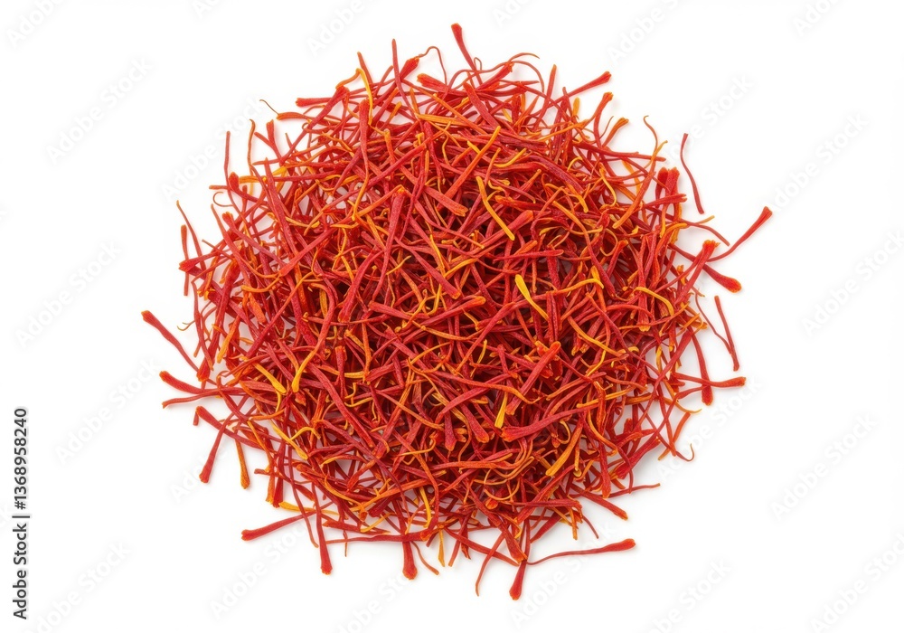 Naklejka premium A vibrant pile of saffron threads against a stark white background