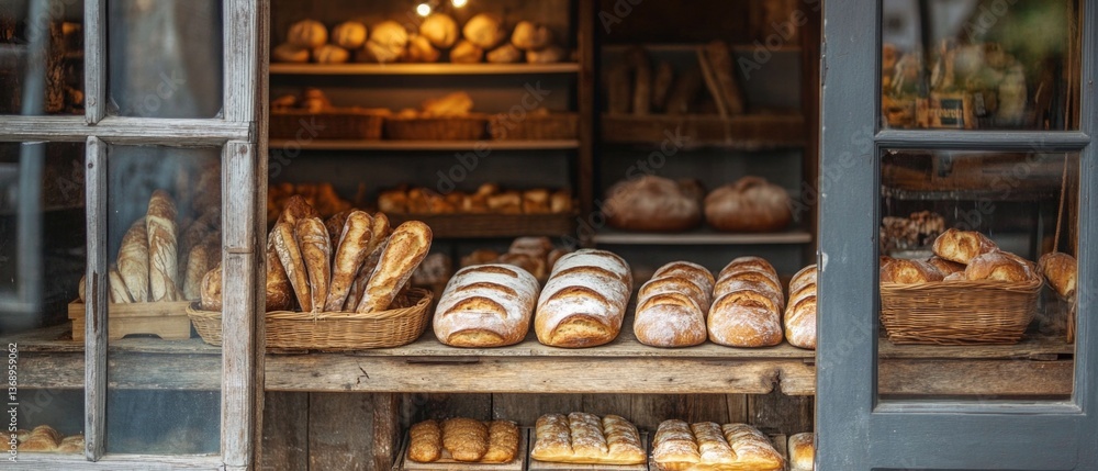 Assortment of freshly baked breads displayed on a shelf in a store Assortment of freshly baked breads displayed on a shelf in a store