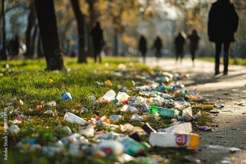 Trash littering a city park walkway as people stroll by on a sunny day
