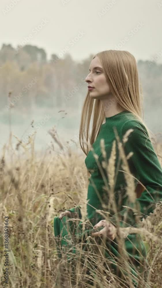 Model is posing in a field wearing a long green dress. There is fog in the background and she is walking through tall grass Model is posing in a field wearing a long green dress. There is fog in the background and she is walking through tall grass