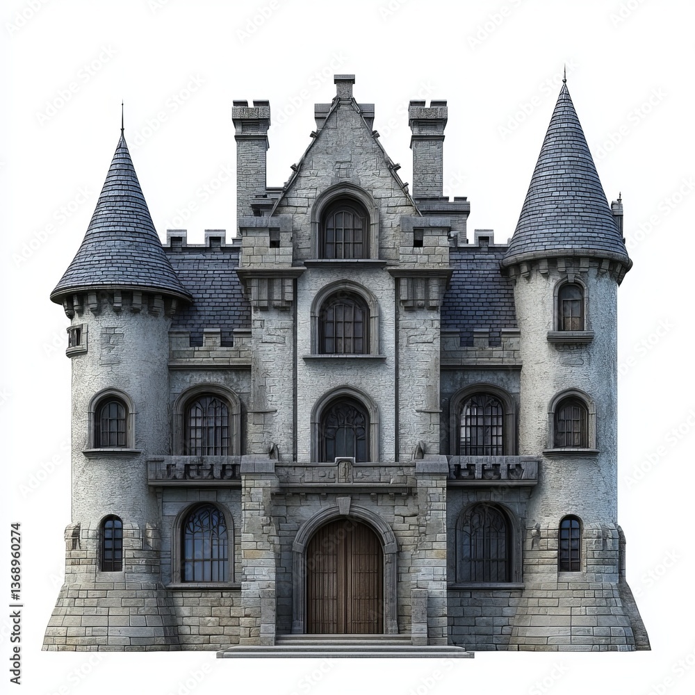 Fototapeta premium Castle mansion architecture isolated on a white background for architectural design visuals