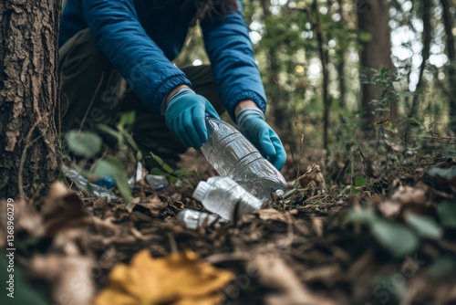 Cleaning up plastic waste in a forest during a community environmental initiative in autumn