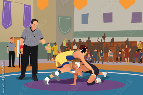 High School Wrestling Competition in a Gym Vector Illustration