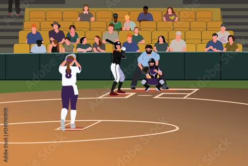 Girls Playing Softball in a Stadium Vector Illustration