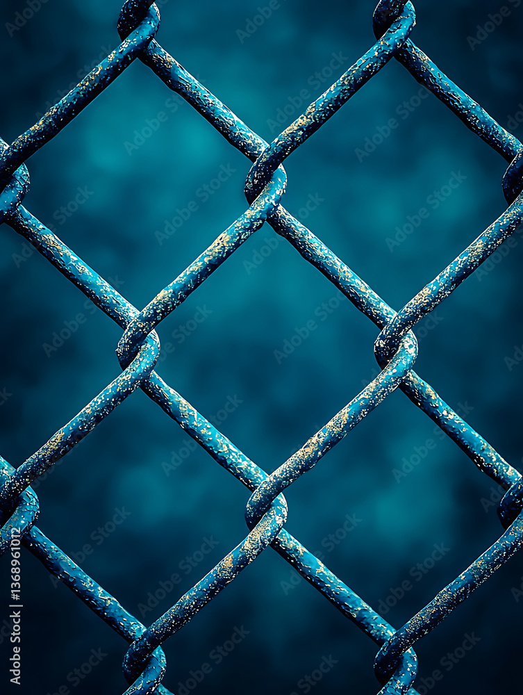 Fototapeta premium Close-up of a weathered blue chain-link fence with a blurred blue-green background creating a textured and slightly abstract composition.