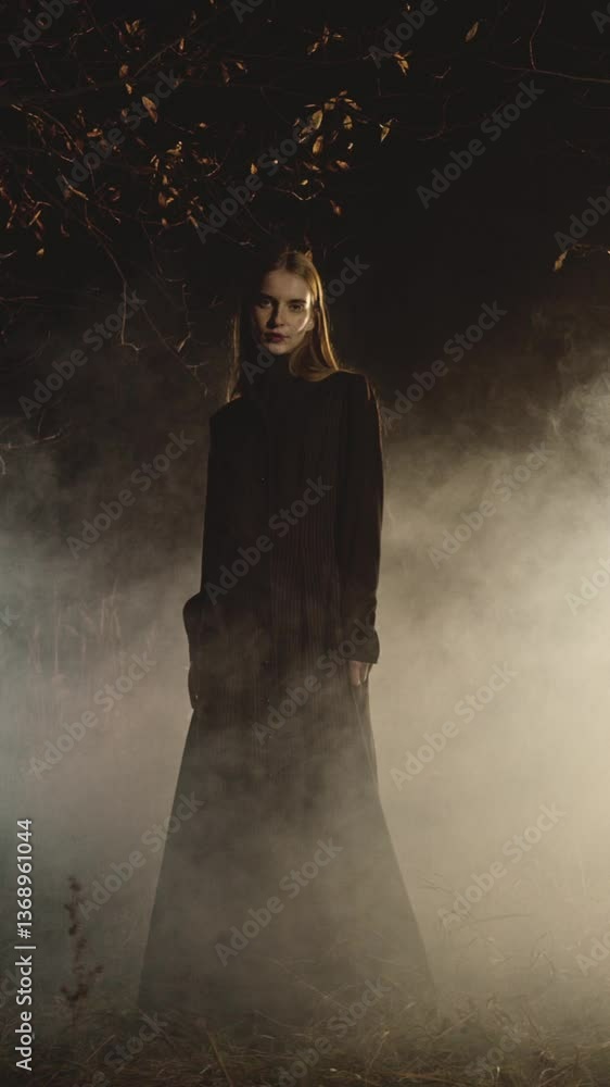 Fashion model poses in a dark forest, surrounded by fog and lights. Dressed in a long black coat, she embodies elegance and mystery amid the enchanting autumn atmosphere