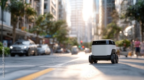 Autonomous delivery robot navigating a busy urban street at sunset