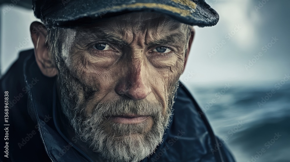 A weathered seafarer stares intently at the horizon over the ocean A weathered seafarer stares intently at the horizon over the ocean
