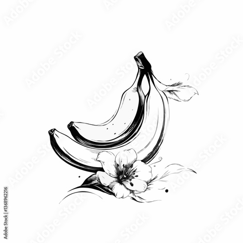 Modern Stylized Bananas with Flower Illustration in Black and White