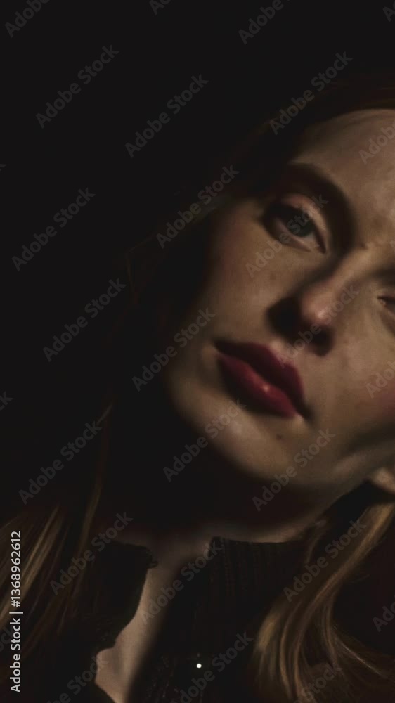 Model with long blond hair and red lipstick is posing in different positions, illuminated by soft lighting against a dark background Model with long blond hair and red lipstick is posing in different positions, illuminated by soft lighting against a dark background