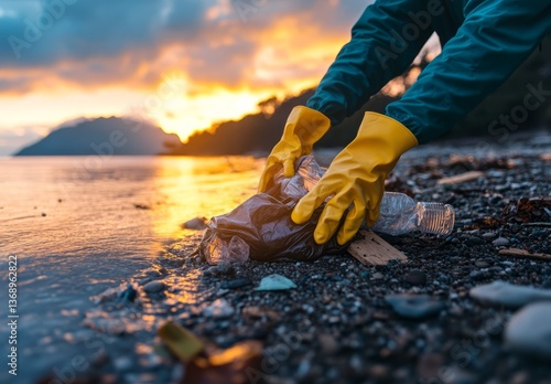 Environmental cleanup action at sunset on the beach with volunteers collecting plastic waste