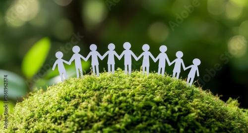 Community connects through nature in a green landscape with paper figures holding hands
