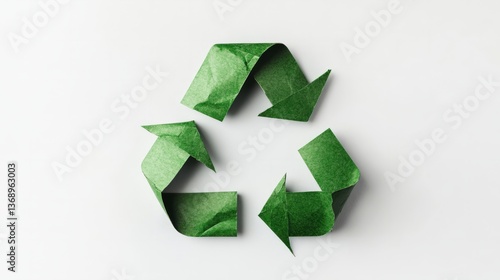 Green recycling symbol made of textured paper on a light background highlighting sustainability and eco-friendly practices
