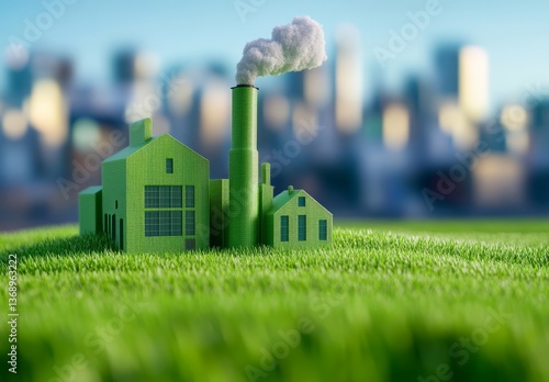 Green buildings emit smoke while surrounded by a vibrant cityscape in the background