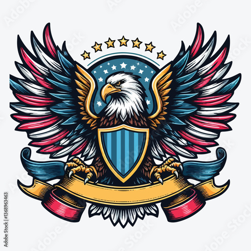 Eagle with shield and ribbon. stock illustration