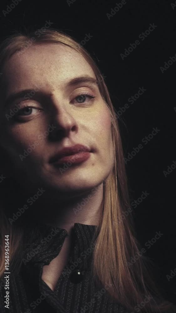 Woman with long blond hair is posing in a fashion photoshoot, her expression shifting subtly as the lighting changes around her Woman with long blond hair is posing in a fashion photoshoot, her expression shifting subtly as the lighting changes around her