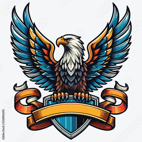 Eagle with shield and ribbon. stock illustration