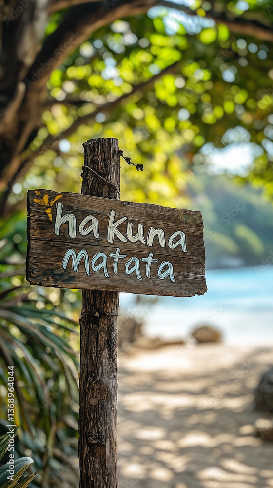 Hakuna Matata text written in wooden sign at beach in Hawaii, summer vacations in Hawaii Hakuna Matata text written in wooden sign at beach in Hawaii, summer vacations in Hawaii