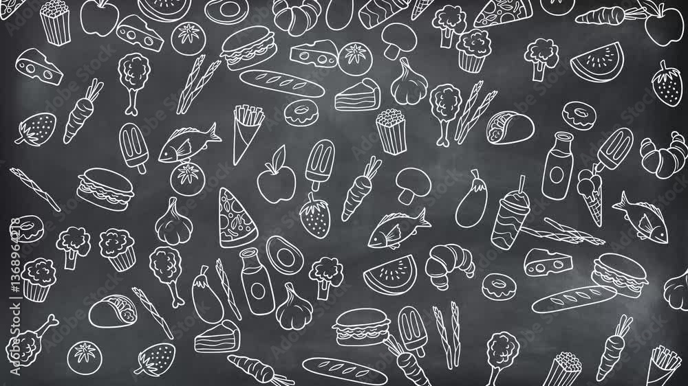 Hand-Drawn Food Pattern on Chalkboard Background  Seamless Doodle Style Food Icons