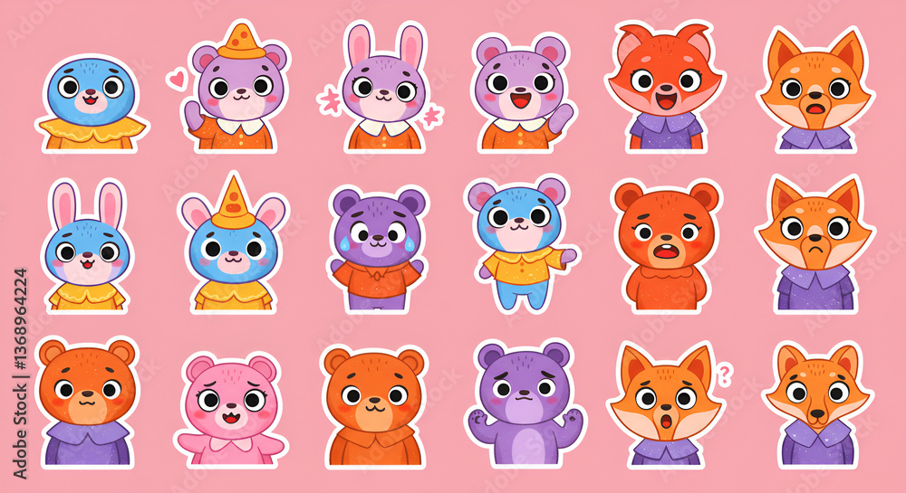 Obraz premium Colorful Collection of Cartoon Animal Stickers for Social Media
