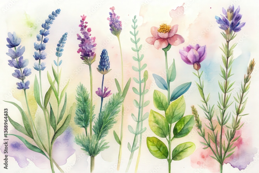 Fototapeta premium color set of delicate meadow wild flowers and leaf