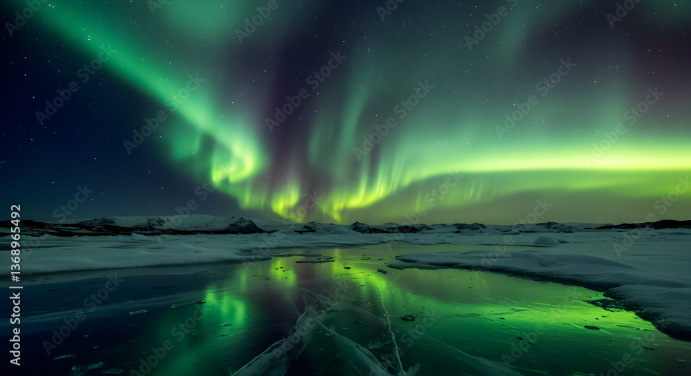 Naklejka premium Stunning Aurora Borealis Display Over Icy Arctic Landscape