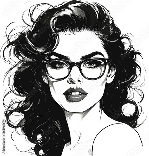 woman with large glasses and voluminous wavy hair, gazing thoughtfully sketch engraving generative ai fictional character raster illustration.