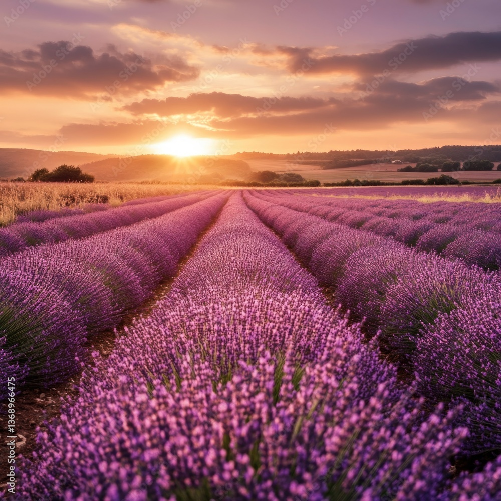 Fototapeta premium A field of purple flowers with a beautiful sunset in the background, perfect for landscape or nature photography