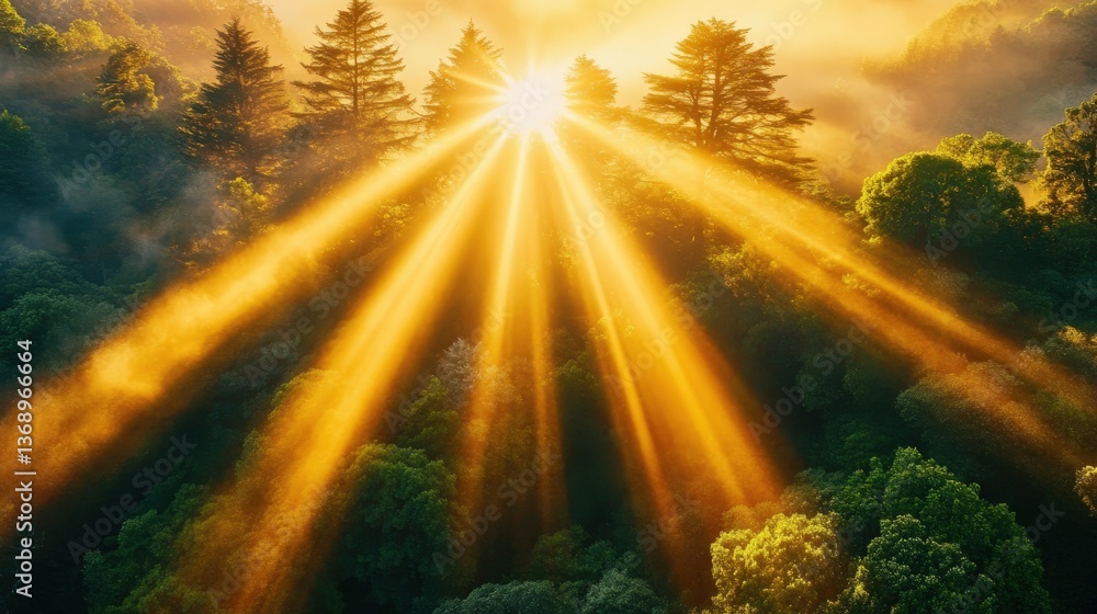 Obraz premium Majestic sunrise rays illuminating a lush forest canopy, creating a breathtaking scene of natural beauty and serenity.
