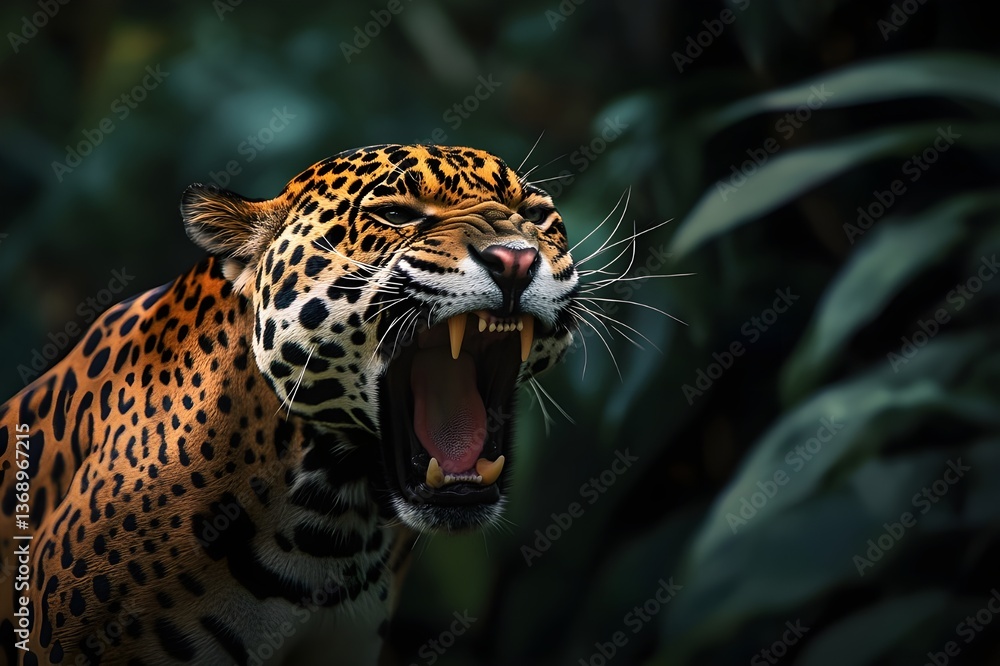 Obraz premium Jaguar roaring in the forest in a dark attractive lighting style