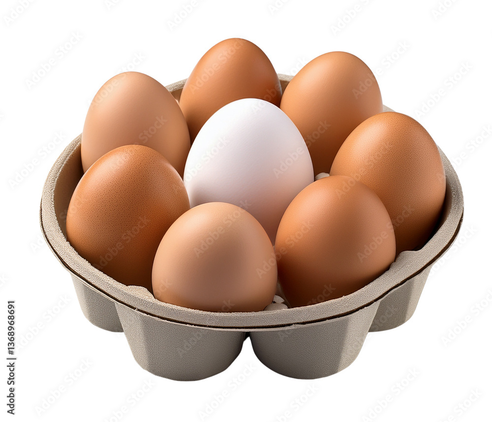 Fresh Eggs in Carton: A close-up studio shot capturing a carton of fresh brown eggs surrounding a single white egg, highlighting the diversity and natural colors of the produce. Fresh Eggs in Carton: A close-up studio shot capturing a carton of fresh brown eggs surrounding a single white egg, highlighting the diversity and natural colors of the produce.