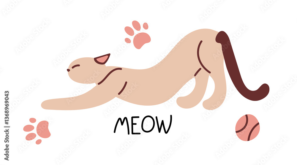 Cat stretches after sleeping. Pet kitty is resting. Cat closes your eyes Stretched comfortably. Flat Vector illustration isolated on white background. Hand draw animal, cartoon character. Cat stretches after sleeping. Pet kitty is resting. Cat closes your eyes Stretched comfortably. Flat Vector illustration isolated on white background. Hand draw animal, cartoon character.