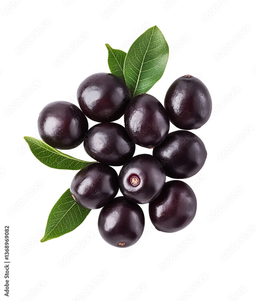 Fototapeta premium Vibrant Purple Acai Berries with Green Leaves on Transparent Background, PNG