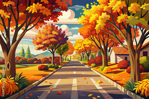 vector of Autumn trees lining the driveway