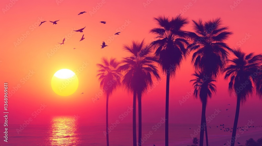 Obraz premium Vibrant sunset over a tropical beach with palm trees and birds