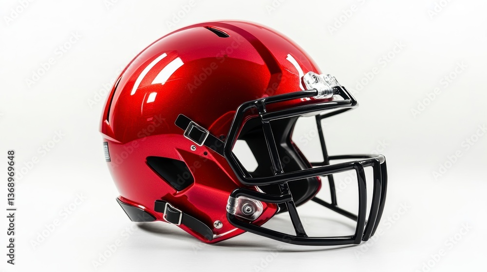 Naklejka premium Red glossy football helmet with black facemask, isolated on white background.