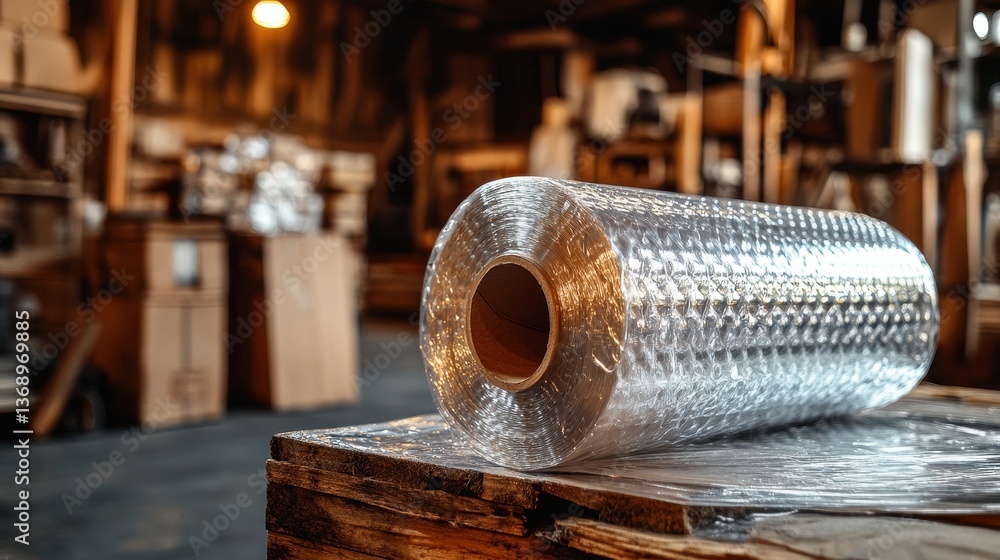 Silver bubble wrap roll sits on wooden pallet in a warehouse. Illustrates e-commerce, storage solutions, and the shipping process.